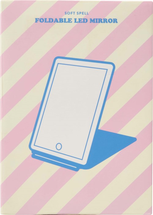 A package with a pink and yellow striped background shows a foldable LED mirror and some text.