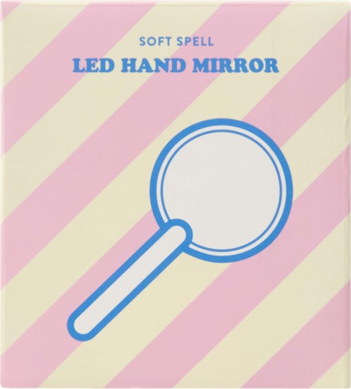 A soft spell LED hand mirror box with pastel pink and yellow stripes. A simple illustration of a mirror with a handle.