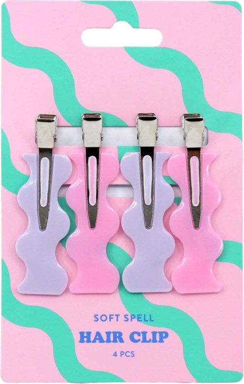 Fire fargerike kaninformede hårklemmer på rosa og teal pakke. Etiketten sier "Soft Spell Hair Clip."