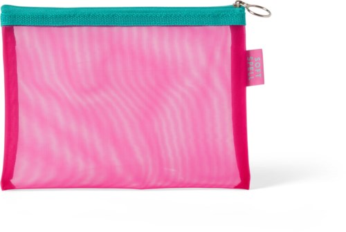 A pink zippered bag with a teal zipper and a pink tag that says 'sos'.