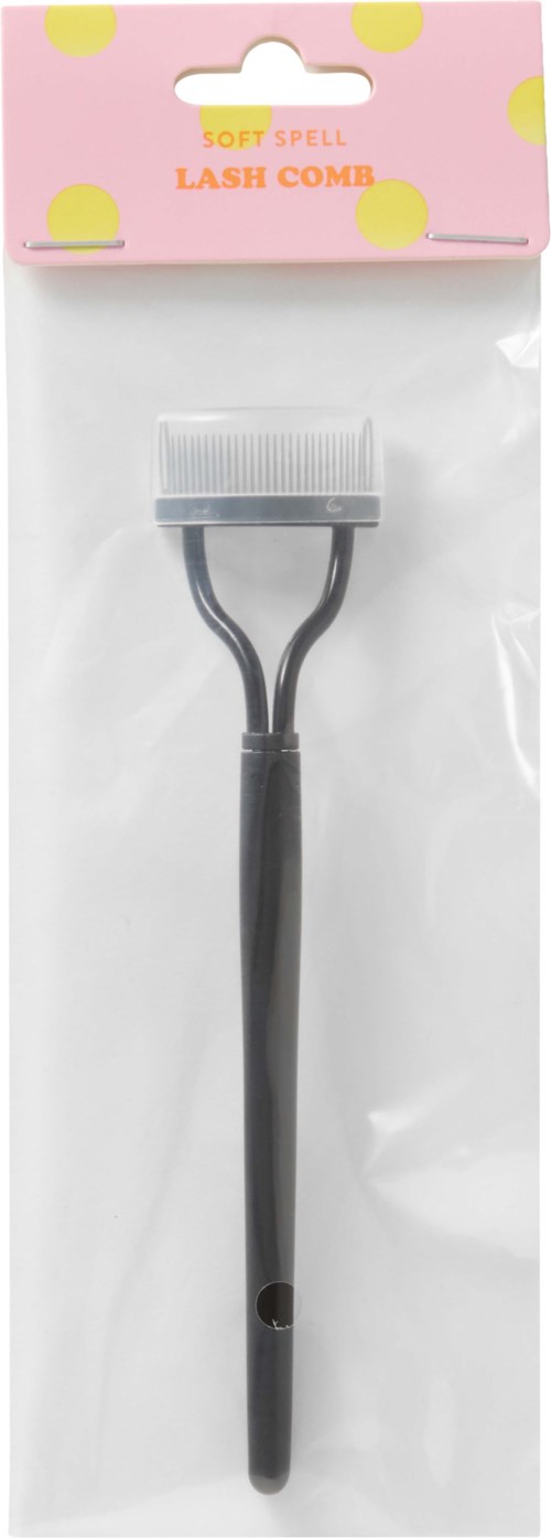 En svart ögonfranskam med vit handtag i plastförpackning, märkt "Soft Spell Lash Comb".