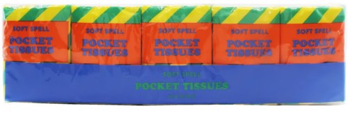 En pakke med fem lommetørklær i fargerik emballasje med blå og oransje deler, merket soft spell pocket tissues.