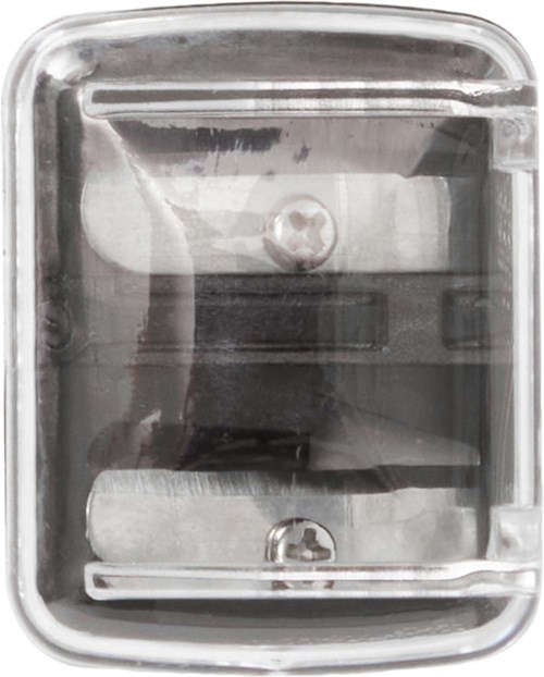 En tydlig transparent plastlåda med ett skjutlock, tom inuti, med metalliska silverfärgade delar. Ser ut som en liten förvaringslåda.