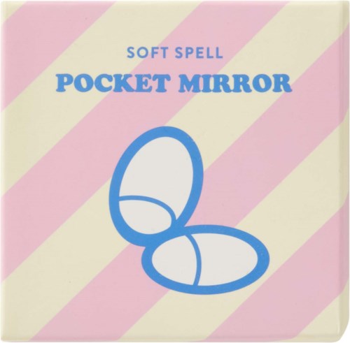 A box shows a soft spell pocket mirror with a simple blue illustration of the mirror on a pink and yellow striped background.