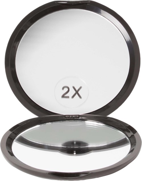 A compact round mirror with a black border, showing double magnification, and a mirror inside the lid.