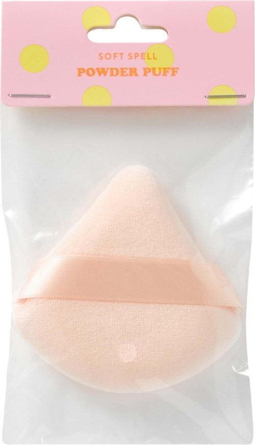 A soft pink powder puff with a band, in clear plastic packaging with a pink top that has yellow dots and text.