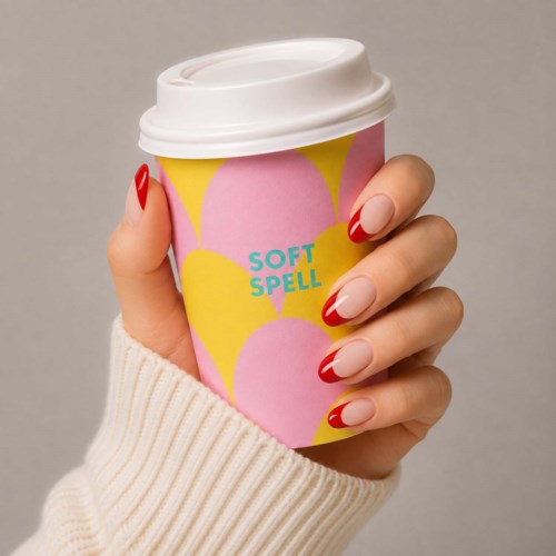 Färgglatt papperskaffekopp hålls av en hand med manikyrerade naglar i rött och naturfärgat. Koppen har gula och rosa former och står med texten Soft Spell.