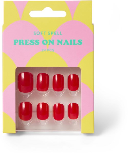 Förpackning i rosa och gul med fönster som visar 24 röda nageltips för press-on.