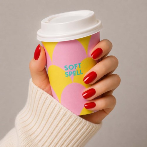 Färgglatt papper i en kopp med orden SOFT SPELL och en hand med röda naglar som håller den.