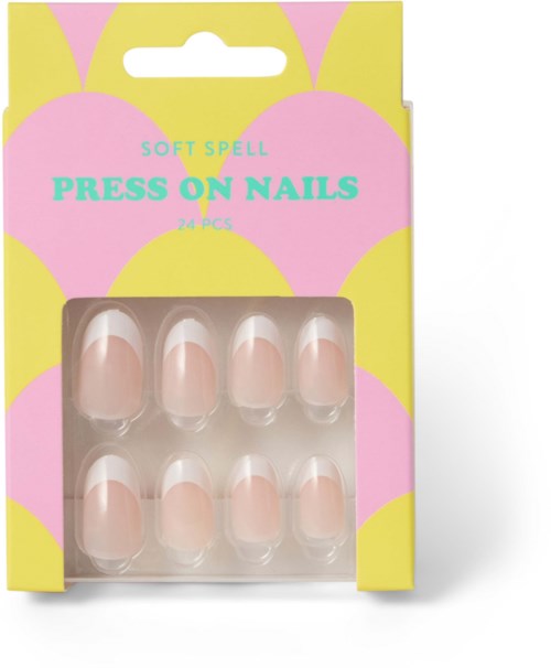 Press-on nagelset med 24 rosa och vita naglar i en gul och rosa låda.
