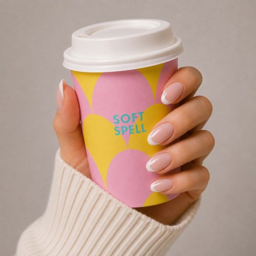 En hand med välskötta naglar håller en färgglad kaffekopp med vit lock, med texten Soft Spell.
