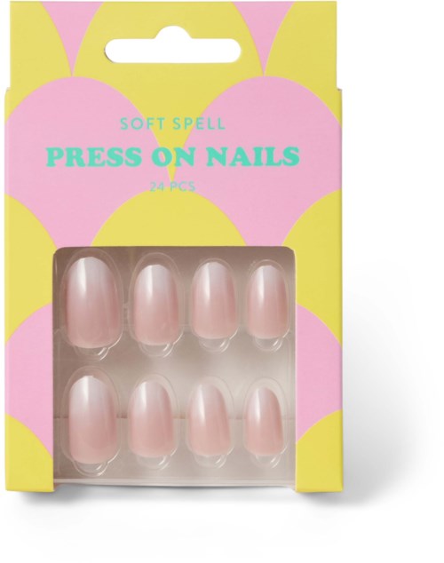 Pink och gul förpackning för peel-off naglar med 24 bitar, etikett för mjukt lukt, fönster som visar naglarna.