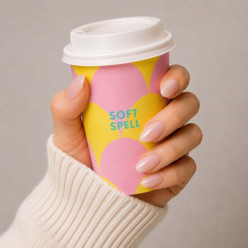 En hand i en vit stickad tröja håller en papperskopp med färgglad rosa och gul design och orden SOFT SPELL.