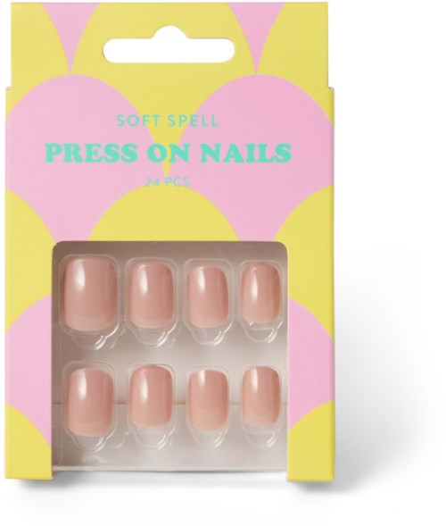Förpackning med 24 rosa clips för naglar med gul- och rosa bakgrund och grön text.
