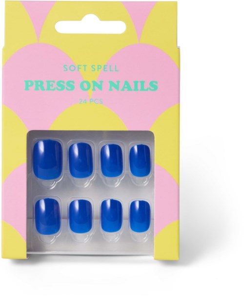 Klämmående nagelset med 24 blå naglar i plastfodral, i rosa och gula förpackningar. Utformad för enkel applicering.