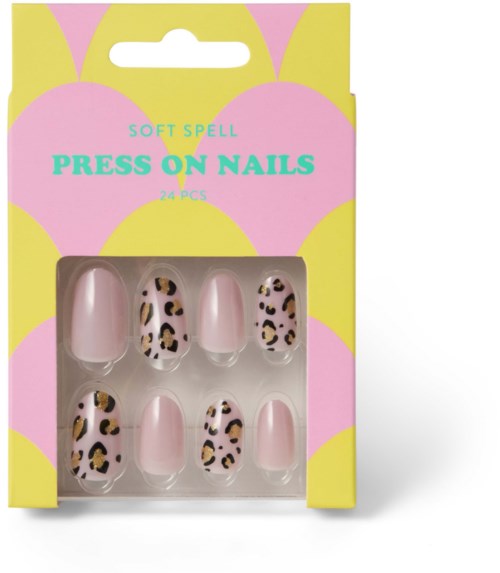 Nagelpressset med mjuka rosa och leopardmönstrade naglar, 24 delar i färgglad förpackning.
