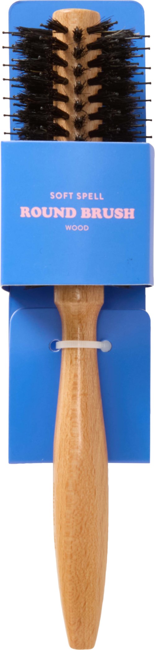 A round wooden brush with black bristles in blue packaging, labeled 'Soft Spell Round Brush, Wood'.