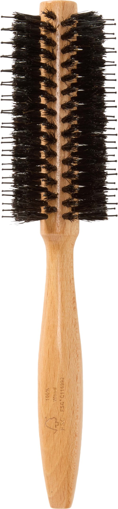 A wooden brush with black bristles, designed for hair or scalp cleaning.