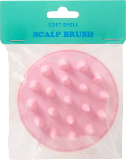 A pink silicone scalp brush with soft rounded bristles, packaged in clear plastic with a green and blue label.