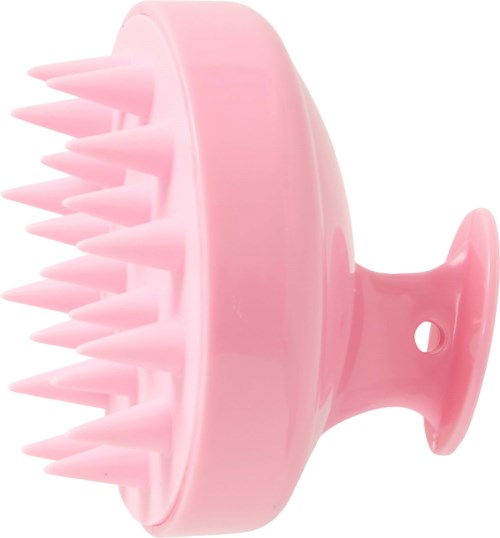 Pink massage device with multiple pointed silicone tips and a round base. It has a handle for holding.