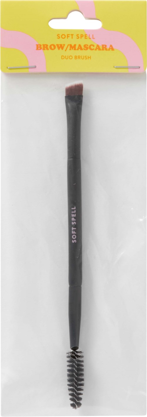 A soft-spell eyebrow or mascara brush with a curved handle in clear packaging.
