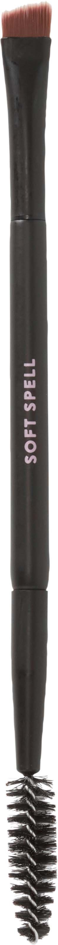A dual-ended makeup brush with one soft, rounded brush side and a spoolie on the other for eyebrows or eyelashes.