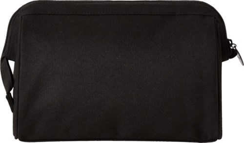A black rectangular bag with a zipper on top and a small handle on the side.