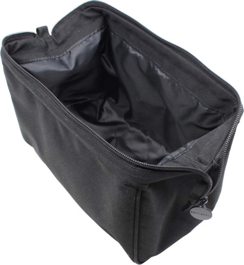 A black fabric bag with a zipper, empty inside, used for carrying items.