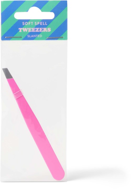 Pink tenger med rund tips i emballasje merket "Soft Spell" og "Tweezers."