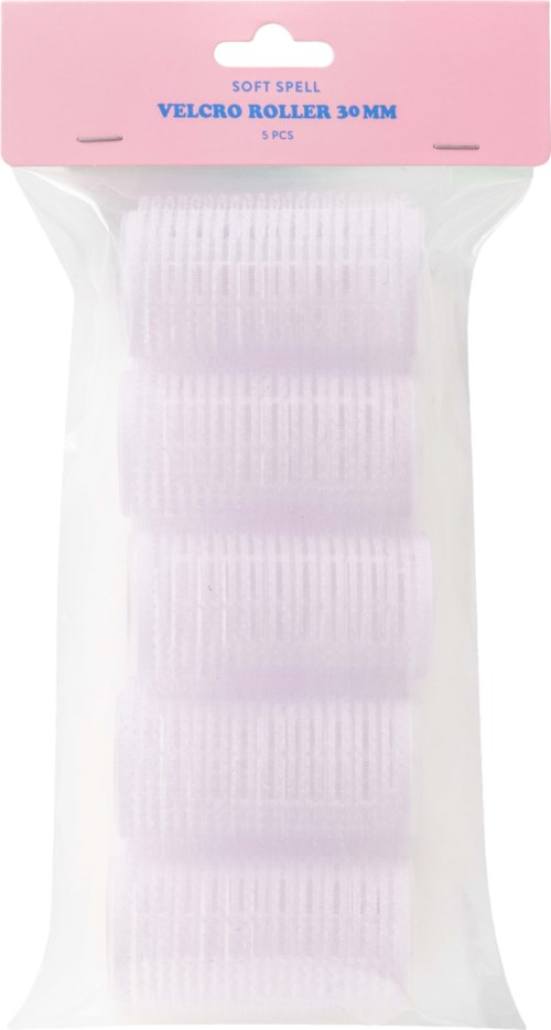 A pack of five soft velvet velcro rollers, 30 mm each, with pink label on transparent plastic bag.