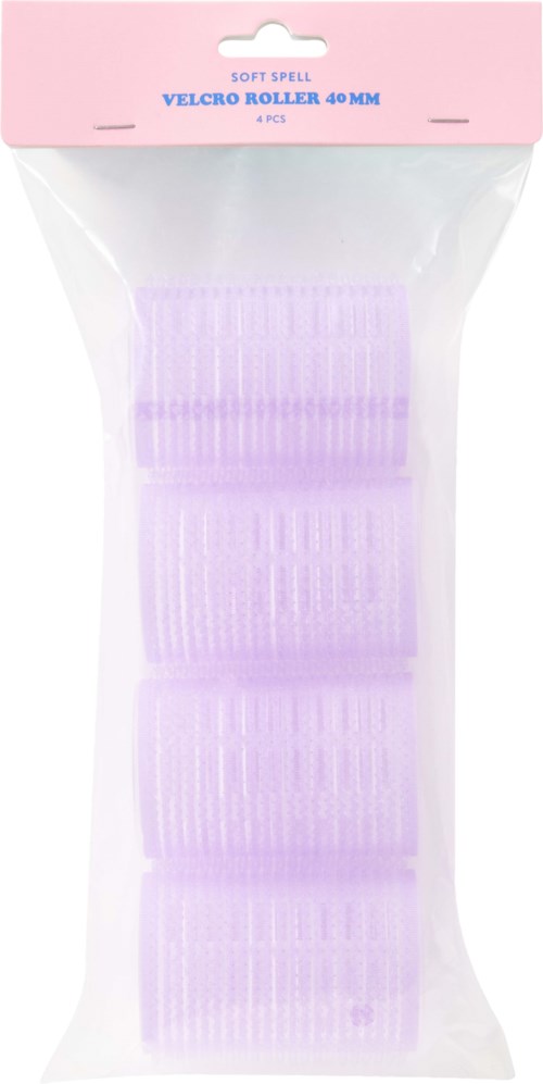 Clear plastic bag with pink label at top, containing small lavender ridged rollers for hair or face.