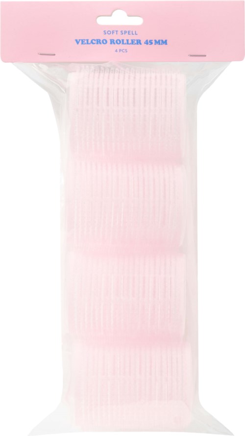 Soft pink Velcro rollers, 45 mm, for hair styling, in plastic packaging with a pink label.