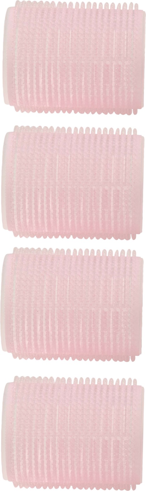 Four pink hair rollers stacked vertically, textured with ridges.