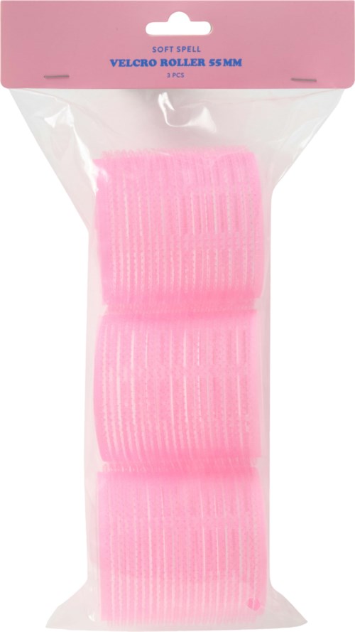 Pink Velcro roller with 55mm length, used for hair styling, in clear plastic bag with pink label.
