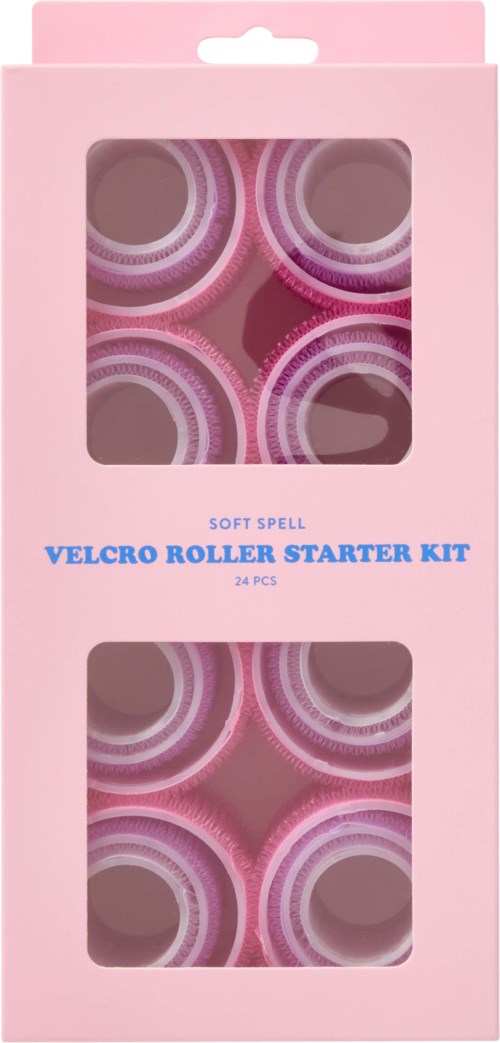 Pink box with clear windows showing pink and purple velcro roller starters, 24 pieces, for hair styling.