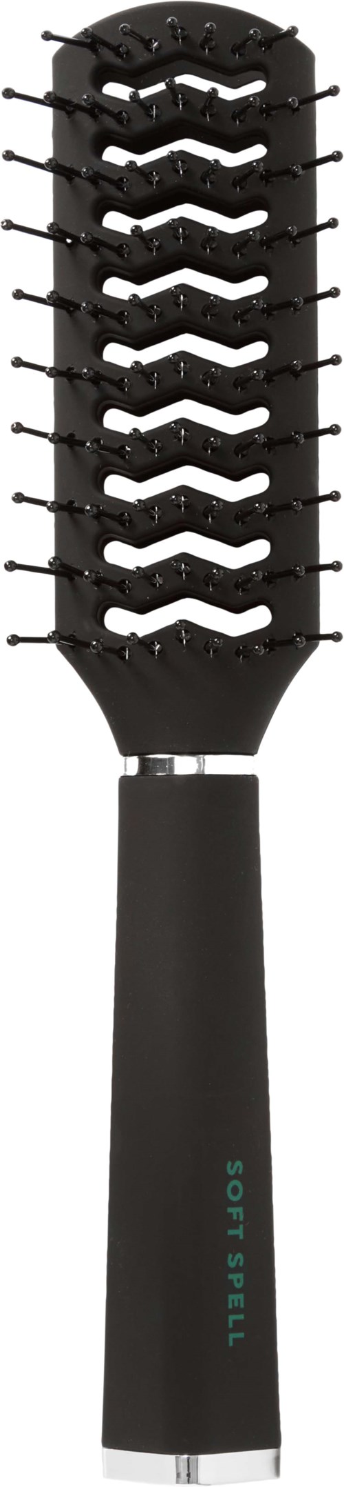 A black hairbrush with a wide head and many evenly spaced teeth.