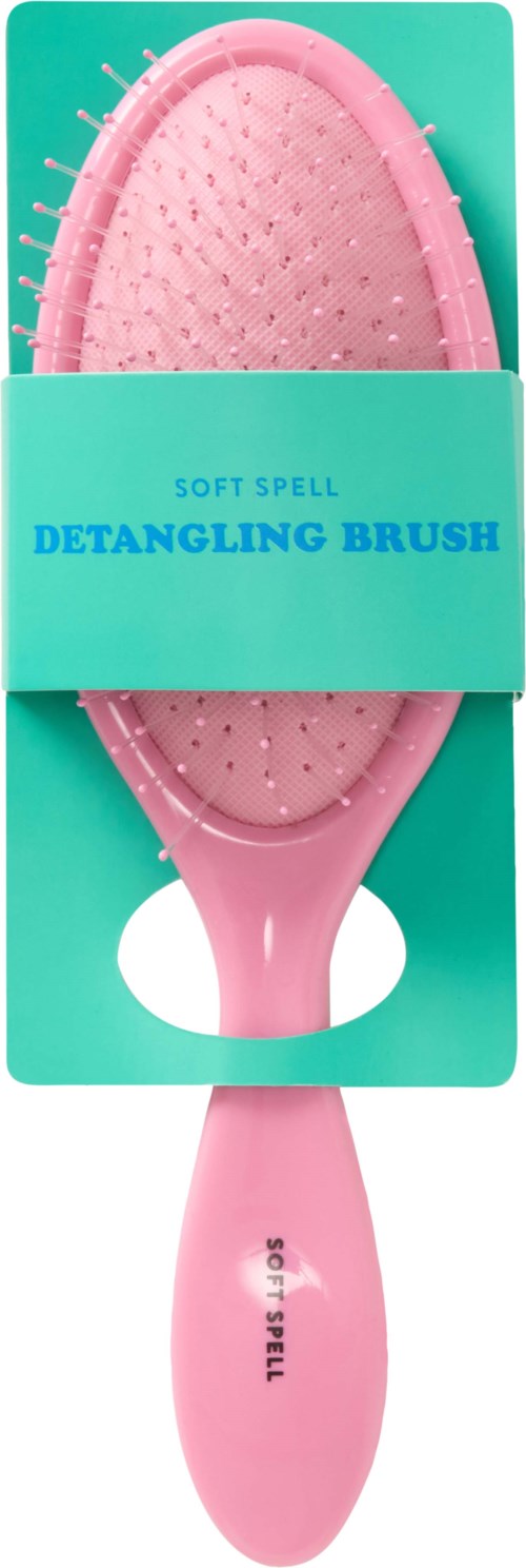 Rosa kam med myke børster, i turkis pakke merket 'Soft Spell Detangling Brush.'
