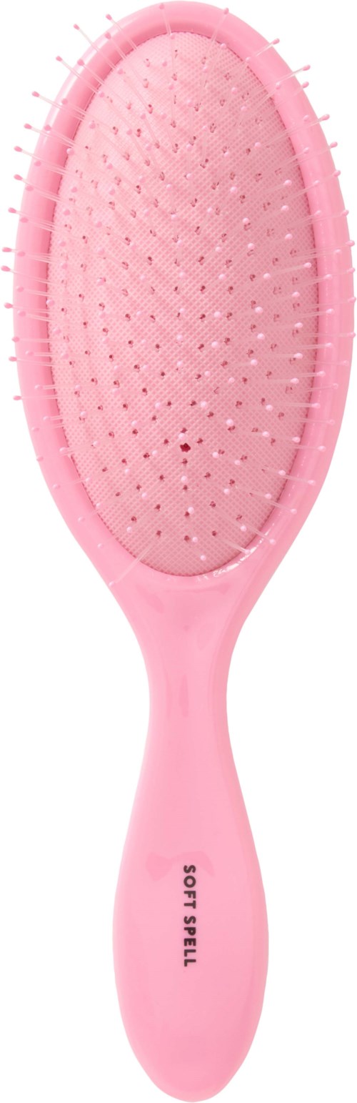 Rosa hårbørste med langt håndtak og små børster. Håndtaket har teksten 'SOFT BRUSH'.