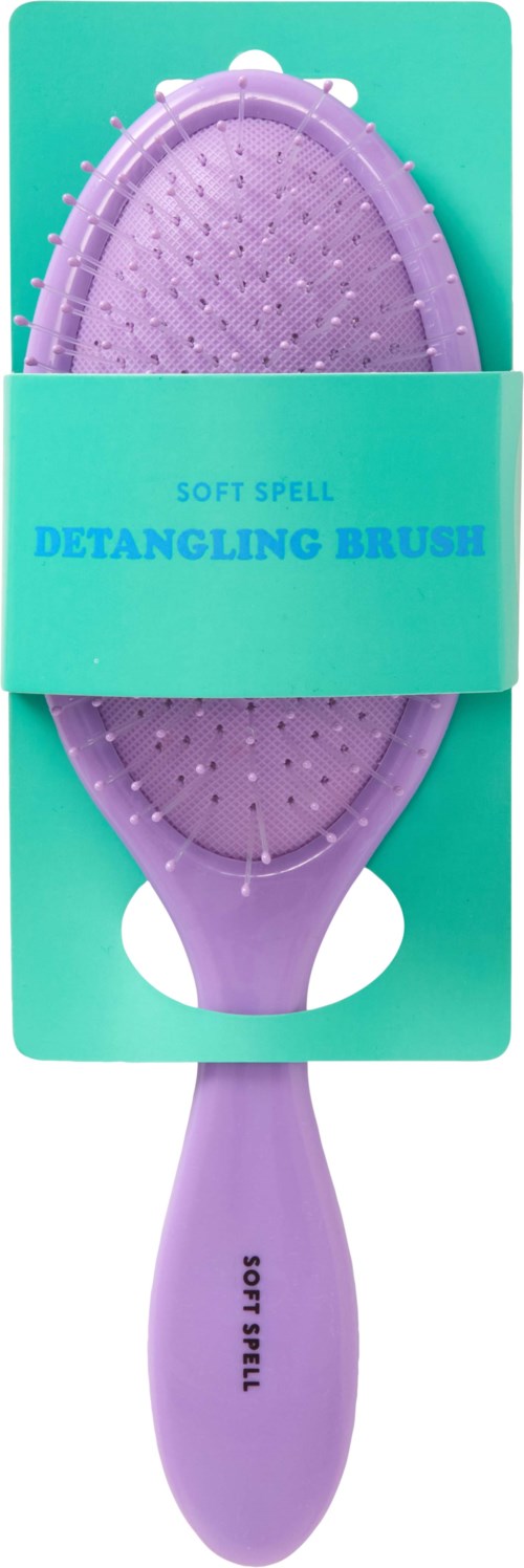 En lilla kam for å gre ut hår, med myke, fleksible børster og håndtak. Produktet heter "Soft Spell Detangling Brush."
