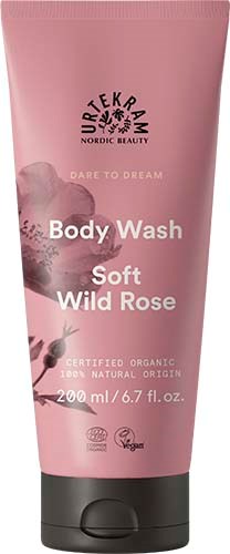 Een roze tube met lichaamswas genaamd 'Soft Wild Rose', gecertificeerd biologisch, veganistisch, 200 ml, met bloemen en bladeren.