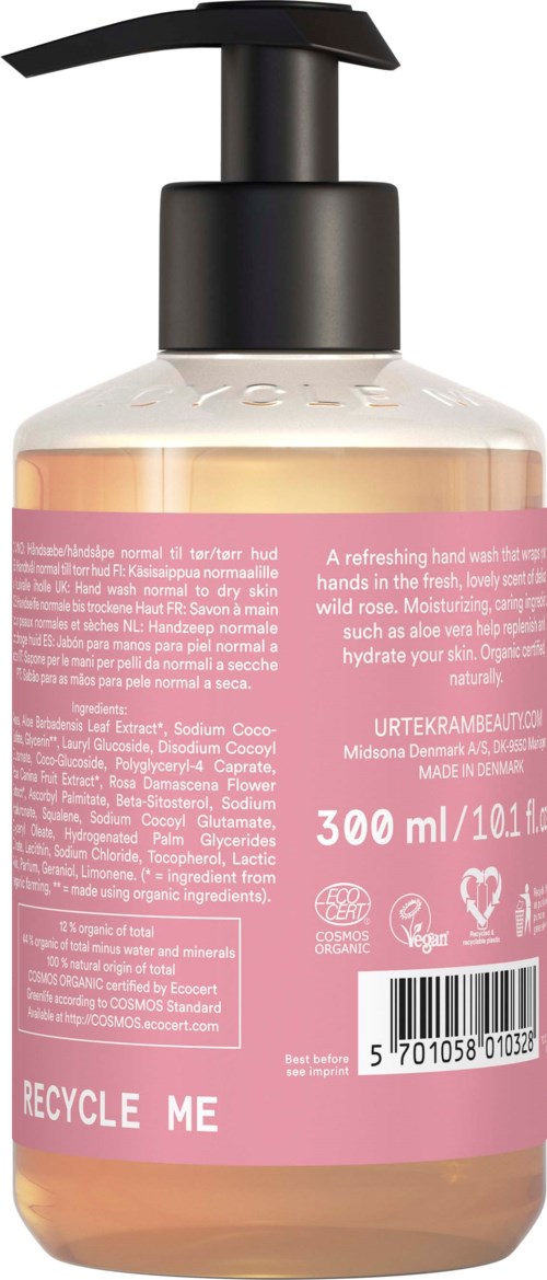 A clear soap dispenser with black pump and pink label showing product details and recycling symbol.