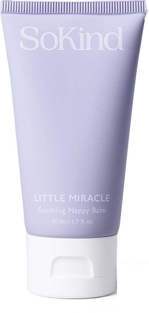 Eine lilafarbene Tube mit Sokind Little Miracle beruhigendes Windelcreme mit weißem Deckel.