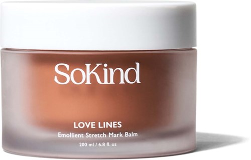 Ein Behälter mit SoKind Love Lines Emollient Stretch Mark Balm, weißer Deckel und braunes Produkt.