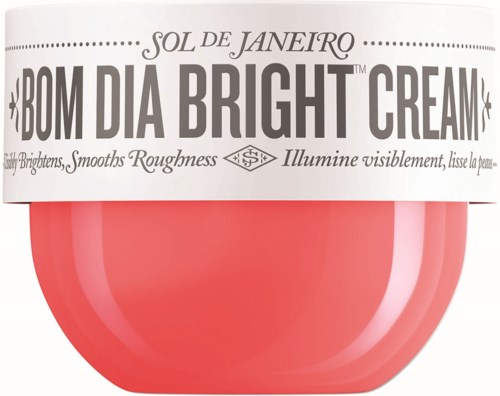 Ein rosa Behälter mit weißem Deckel, beschriftet 'Bomb Lip Bright Cream' zum Glätten und Aufhellen der Lippen.