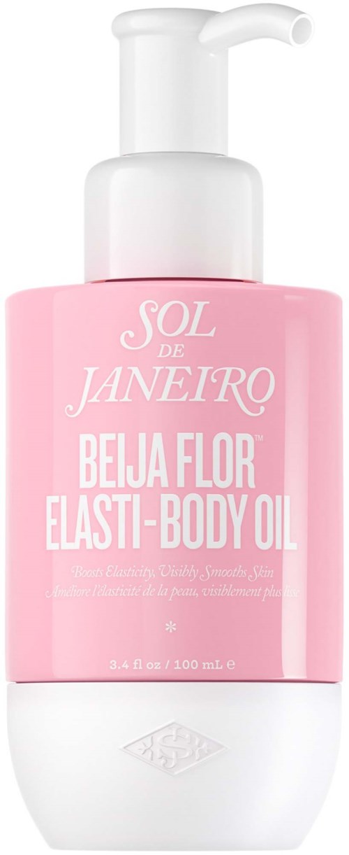 En rosa flaske med Sol de Janeiro Belja Flor Elasti-Body Oil med hvit pumpe.