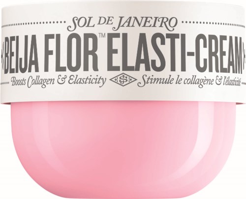 Eine rosa Schale mit weißem Deckel, auf dem 'Rebaja Flor Elast-cream' steht, für Hautpflege. Text erwähnt Kollagen und Elastizität.