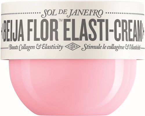 Ein pinker Behälter mit weißem Deckel, beschriftet 'Rebaja Flor Elast-Cream,' fördert Kollagen und Elastizität.
