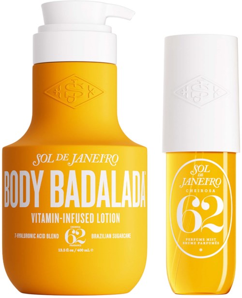Yellow bottles of Sol de Janeiro Body Badala and 62 perfume mist with white caps.