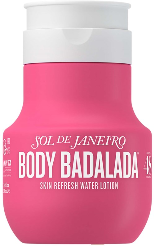 Rosa flaska med vit lock, märkt Sol de Janeiro Body Badalada vattenlotion.