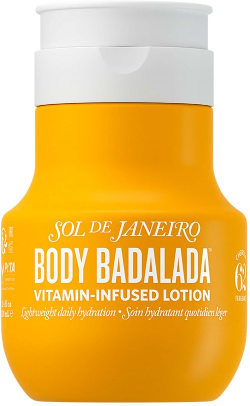 En ljusgul flaska med vitamindryppande lotion och vitt lock, märkt Sol de Janeiro Body Badalada.